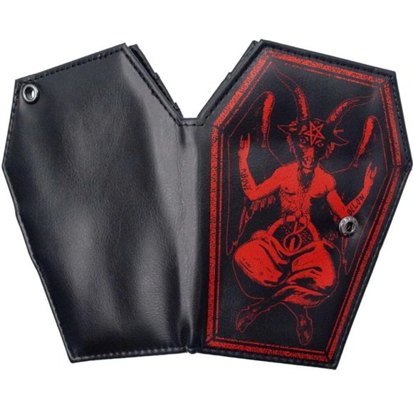 Baphomet Coffin Shape Black Bi-Fold Wallet Vegan Leather Chain Hole NWT - Picture 3 of 3